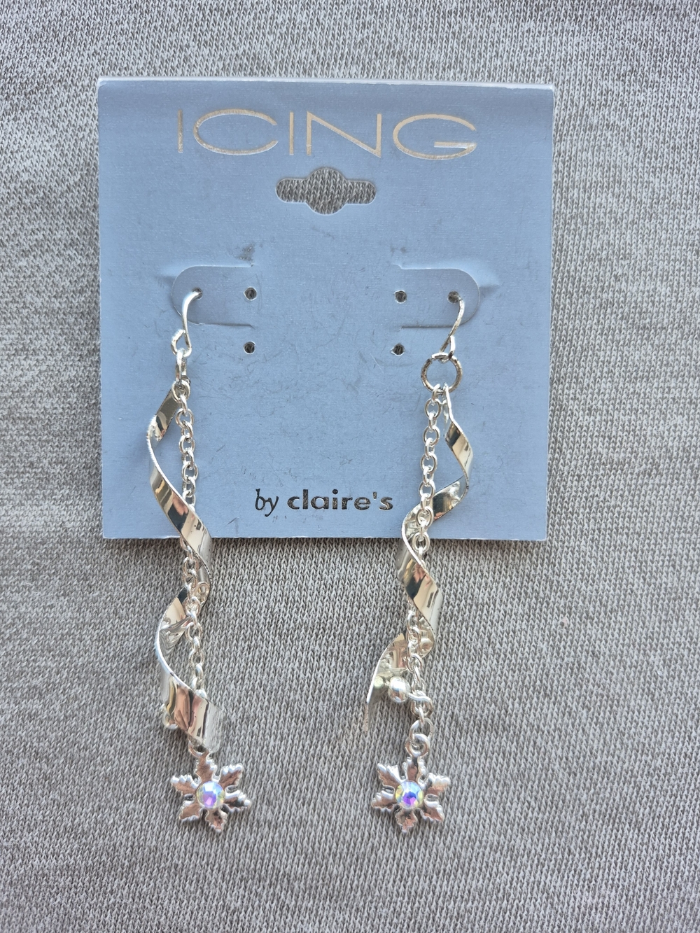 Icing Silver Twisted Ribbon Drop Earrings with Crystal Flower Charm
